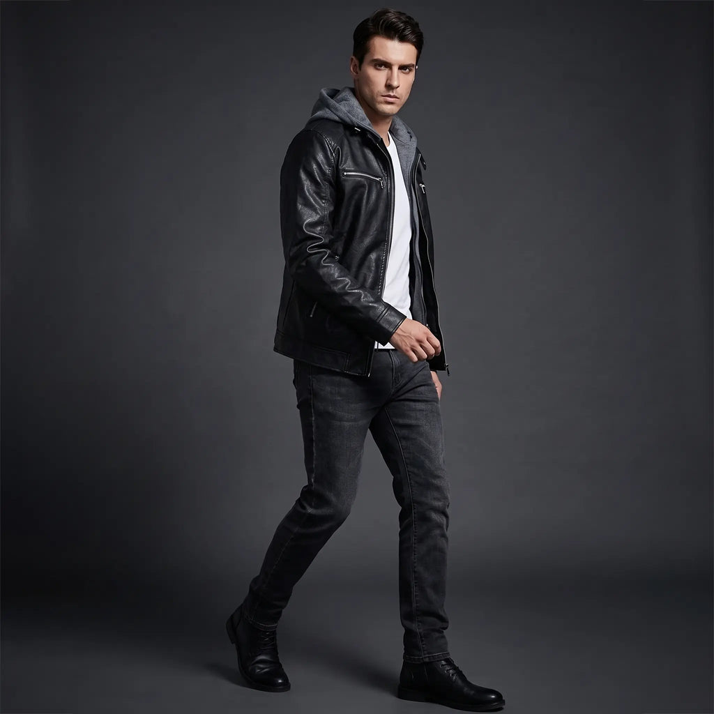Leather Jacket Black Men’s-Hooded