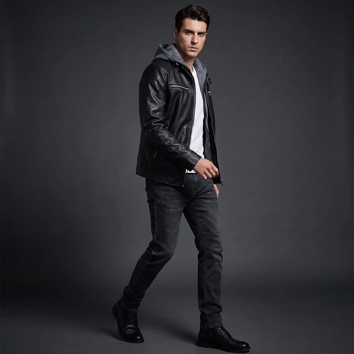 Leather Jacket Black Men’s-Hooded