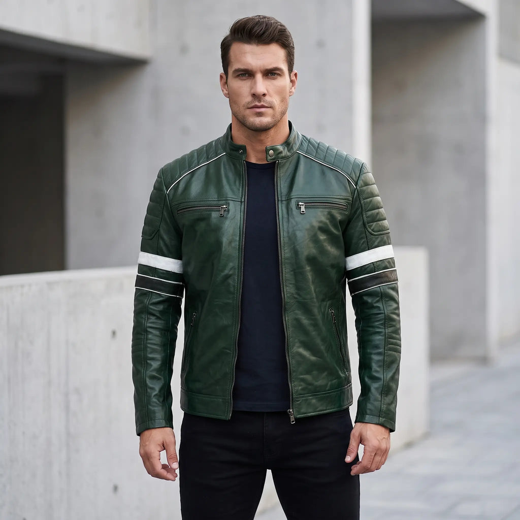 Custom Tailored Men’s Dark Green Motorcycle Genuine Leather Jacket