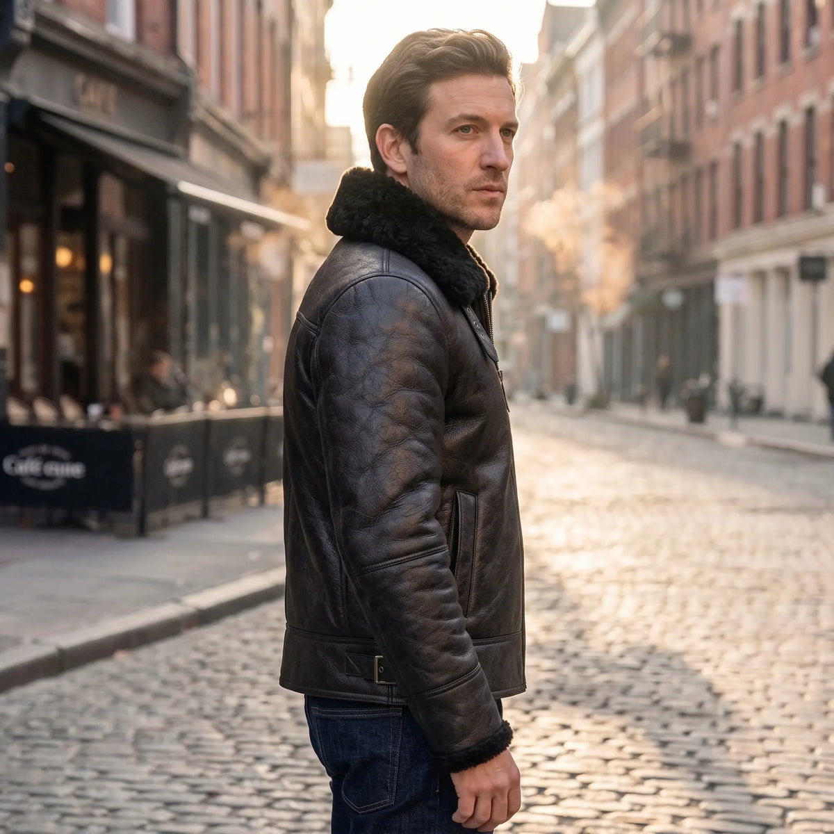 Men’s Sheepskin Shearling Fur Bomber B3 Aviator Black Leather Jacket