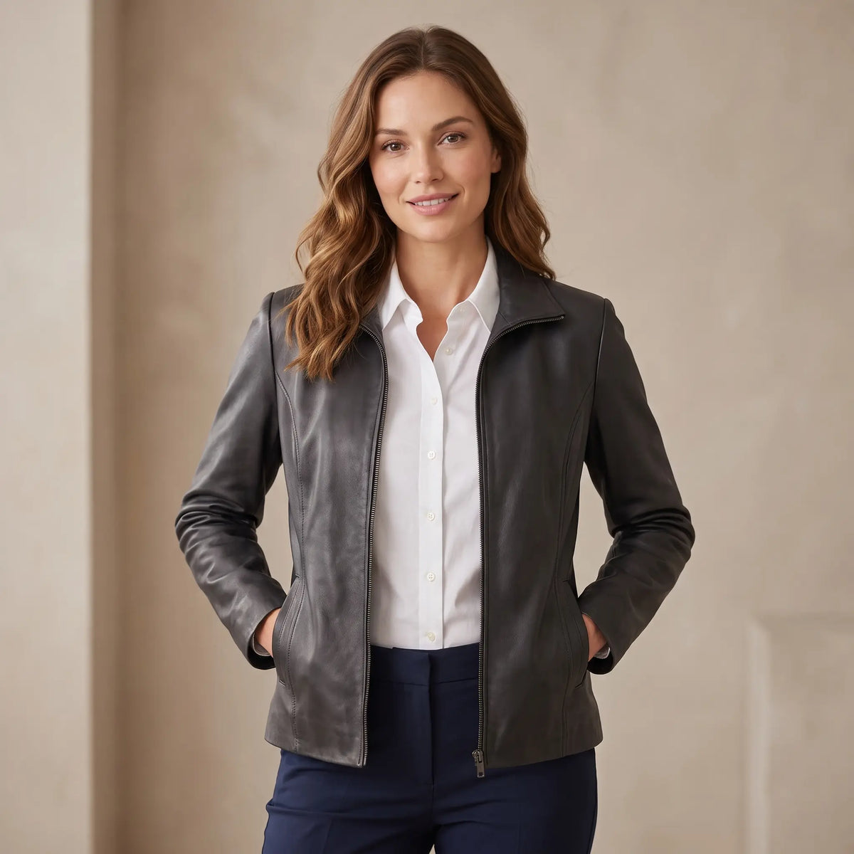 Genuine Leather Jacket Women-Plain-Skin Fitted