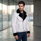 Custom Tailored Men’s White Genuine Sheep Skin Leather Biker Jacket Fur Collar