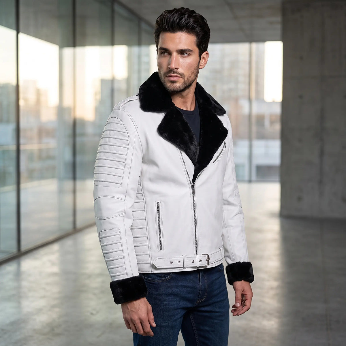 Custom Tailored Men’s White Genuine Sheep Skin Leather Biker Jacket Fur Collar