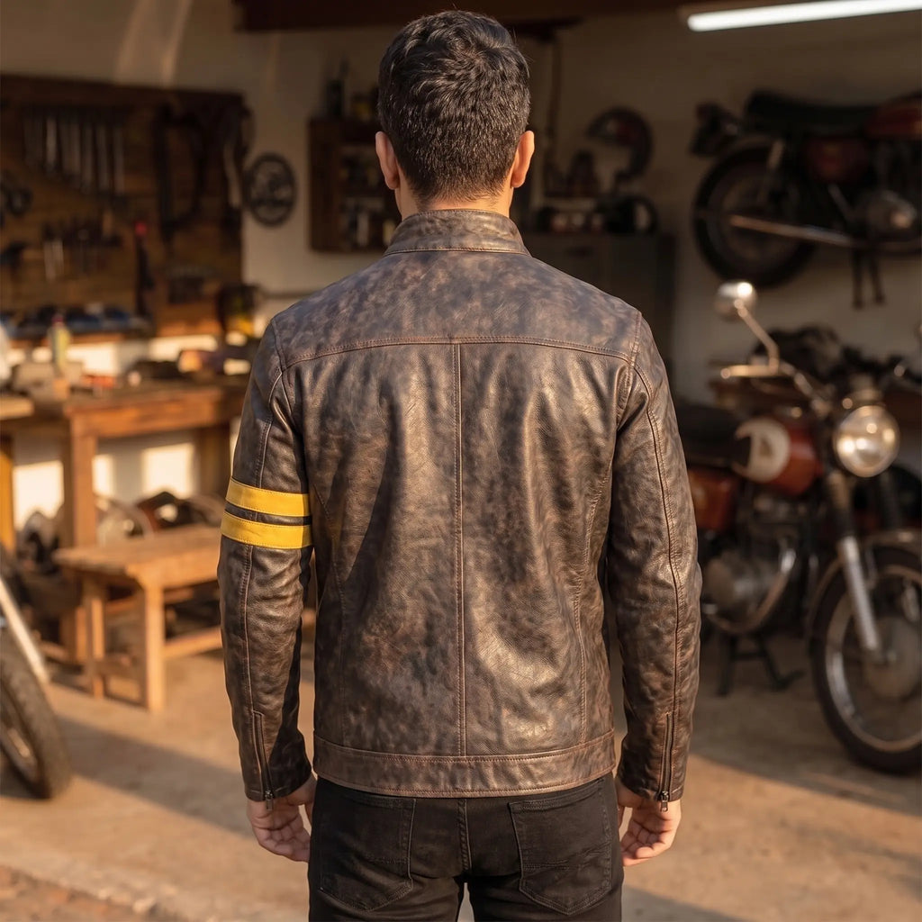 Custom Tailored Men’s Café Racer Genuine Sheepskin Leather Black Rub-off Jacket