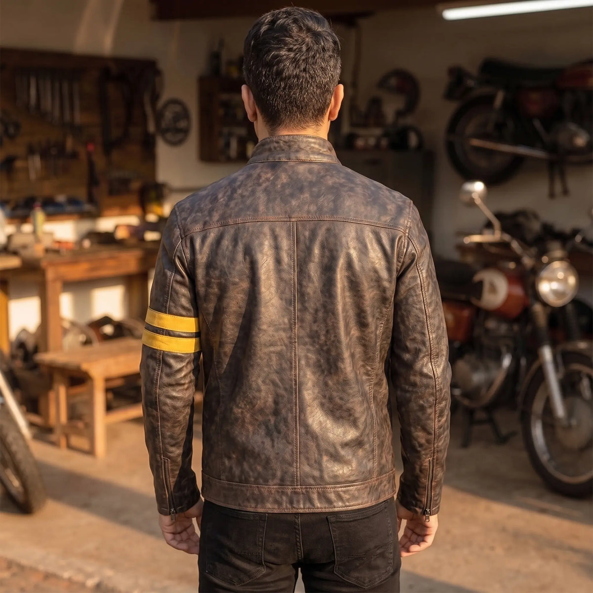 Custom Tailored Men’s Café Racer Genuine Sheepskin Leather Black Rub-off Jacket