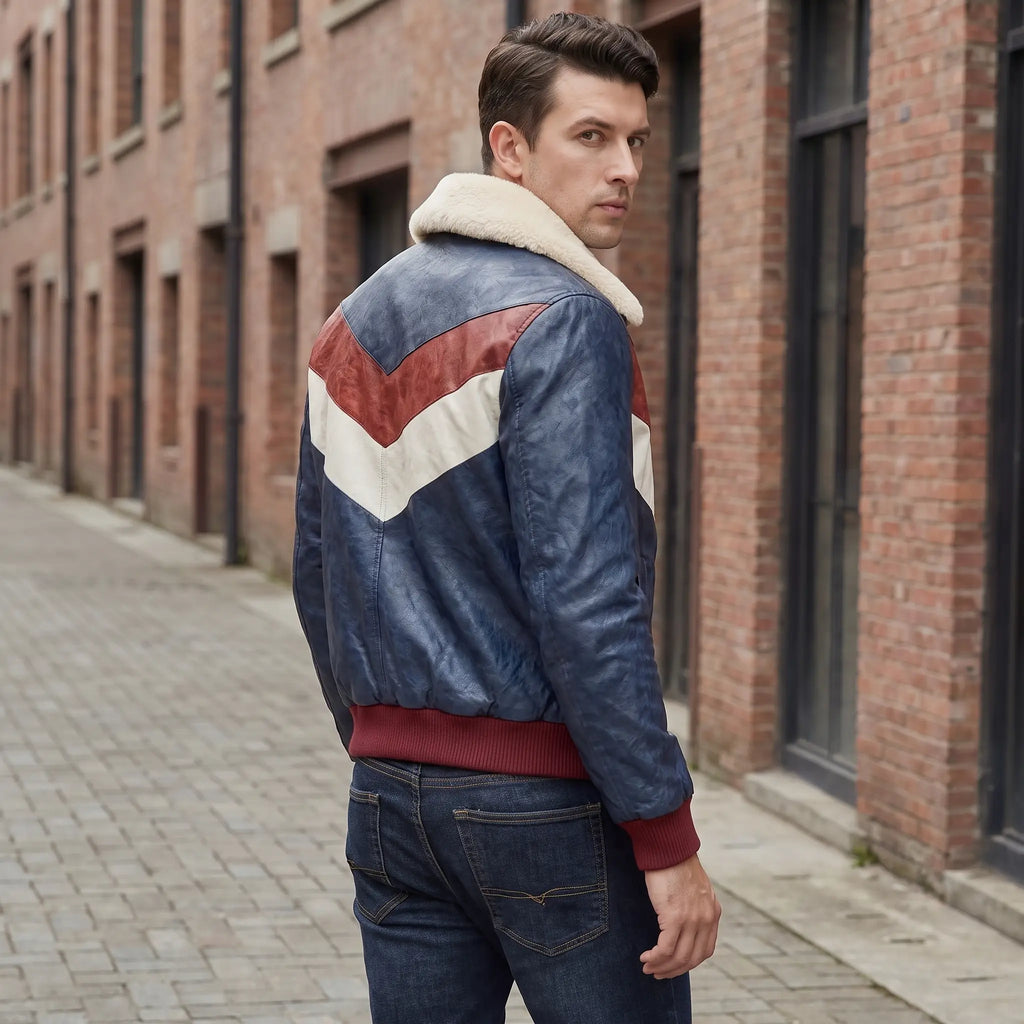 Men’s Custom Tailored Genuine Leather V Bomber Jacket fur Collar Red/White/Navy
