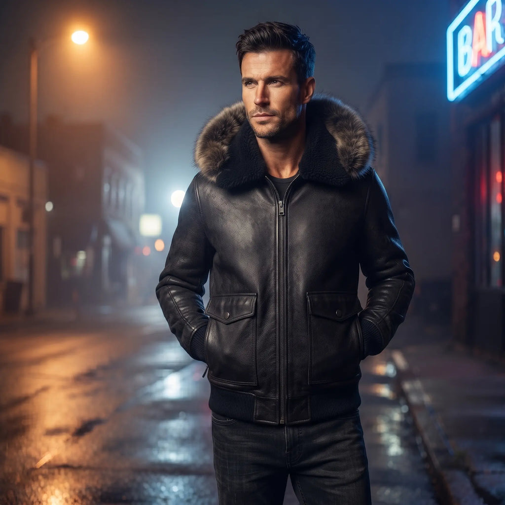 Custom Tailored Men’s Black Aviator Real Sheepskin Shearling Leather Jacket