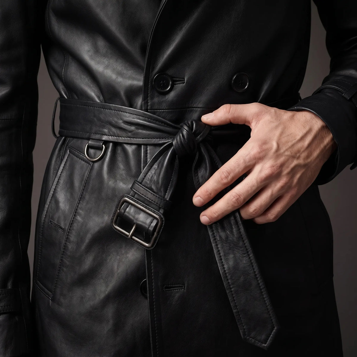 Men’s Custom Tailored Genuine Leather Trench Coat Belted Coat Jacket