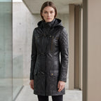 Women’s Custom Tailored Black Hooded Genuine Sheepskin Leather Coat
