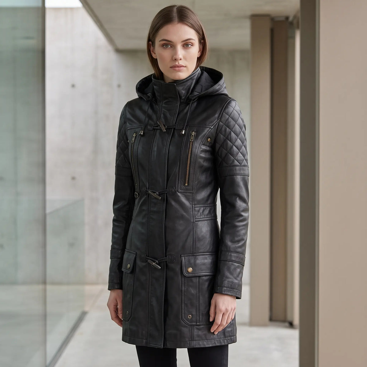 Women’s Custom Tailored Black Hooded Genuine Sheepskin Leather Coat