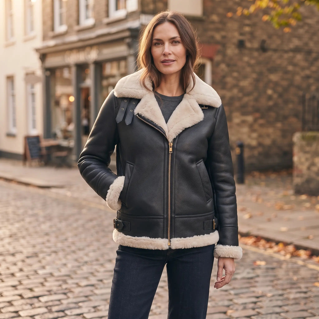 Custom Tailored Women’s Hooded Sheepskin B3 Flying Pilot Genuine Leather Jacket