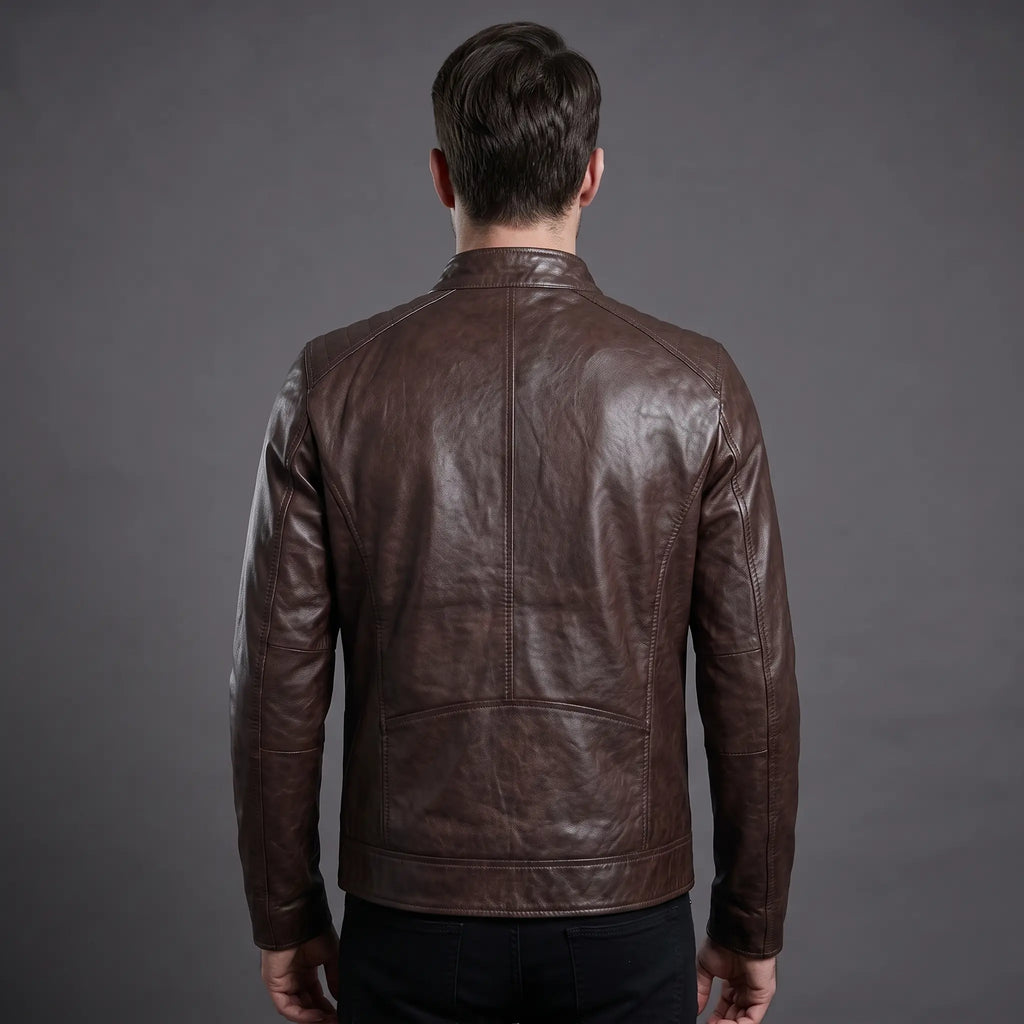 Real Leather Vintage Biker Jacket-Distressed Brown