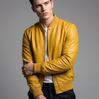 Custom Tailored Bomber Jacket Men’s Yellow Genuine Lambskin Biker Casual Jacket
