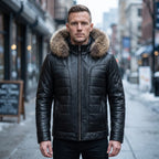 Custom Tailored Black Real Sheep Skin Leather Puffer Padded Raccoon Hood Jacket