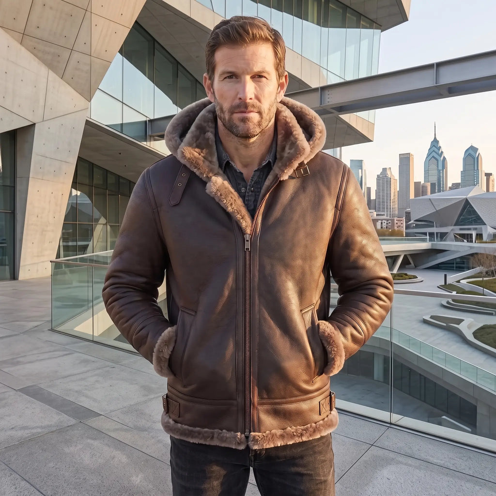 B3 Genuine Leather Aviator Flight Fur Shearling Bomber Hoodie Jacket