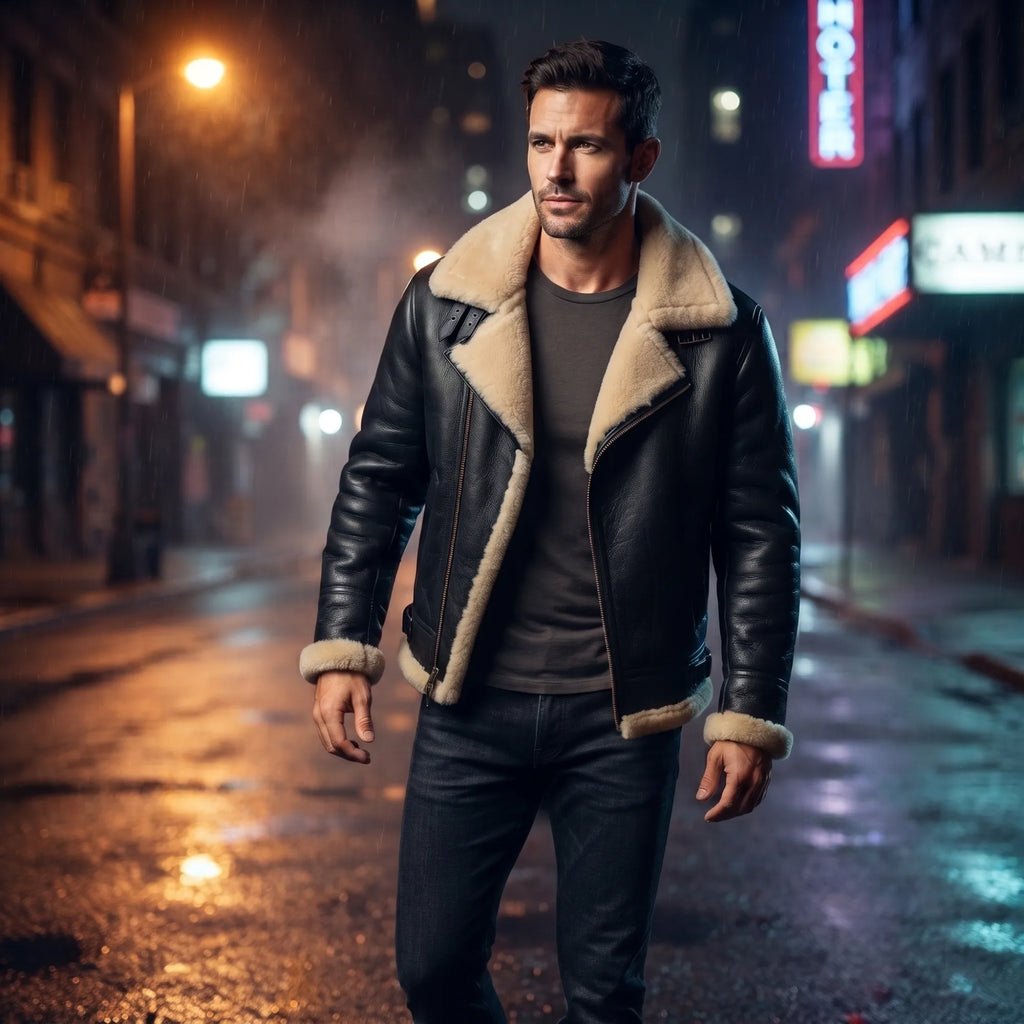 Men’s Sheepskin Shearling Fur Bomber B3/B17 Aviator Vintage Leather Biker Jacket