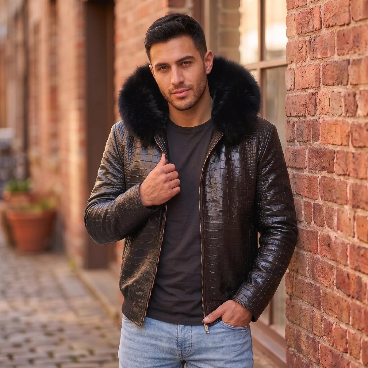 Custom Tailored Men’s Crocodile Embossed Fur Hooded Genuine Sheepskin Leather Jacket