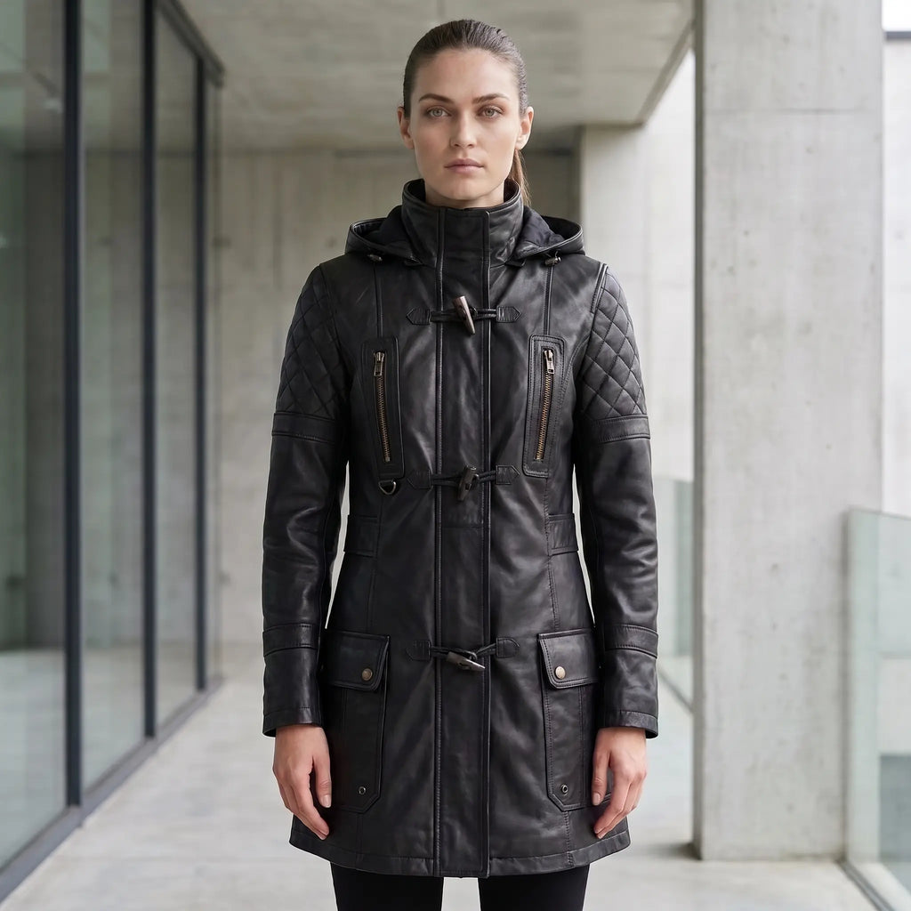 Women’s Custom Tailored Black Hooded Genuine Sheepskin Leather Coat