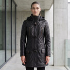 Women’s Custom Tailored Black Hooded Genuine Sheepskin Leather Coat